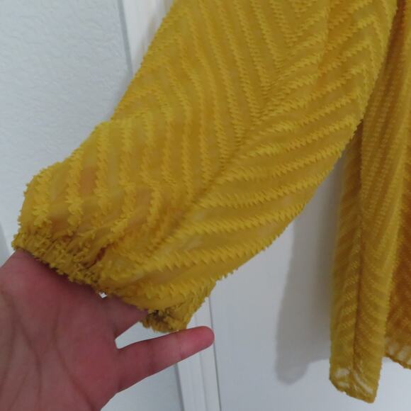 Womens Sz S Mustard Yellow Off the Shoulder Puffy Sleeve Flowy Mini Dress - Picture 4 of 6